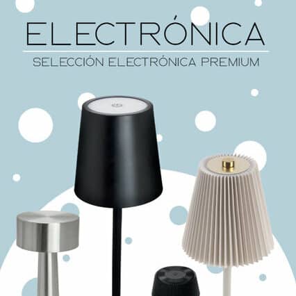 Catálogo Selección Electrónica Premium: lámparas de diseño modernas y gadgets tecnológicos personalizados para regalos de empresa.