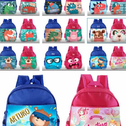 Mochilas infantiles personalizadas con nombres y personajes para guarderías y colegios.