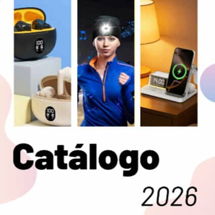 Catálogo 2026 de artículos electrónicos personalizados: auriculares inalámbricos, relojes inteligentes y accesorios de carga para merchandising.