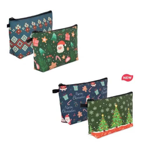 neceser navideño personalizado con logo empresa, estampado Papá Noel y árboles de Navidad